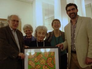 Ursula Mittwoch being presented with the painting Mitochondria in Action by Odra Noel, to celebrate her 90th birthday. With (from left) Profs John Allen, Sue Povey, Dallas Swallow and the author, in the Housman Room at UCL in 2014